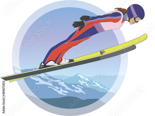 ski jumping, female skier in mid jump arms in V-style position with snow covered mountains in background