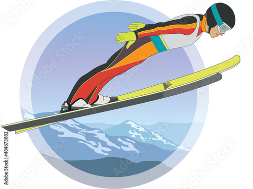 ski jumping, male skier in mid jump arms in V-style position with snow covered mountains in background