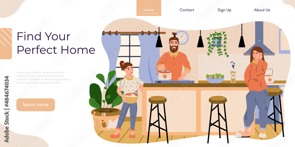 Happy family bought a new house. Cheerful young couple with kid cooking in kitchen of their new home. Real estate agency web banner template. Flat vector illustration Happy family bought a new house. Cheerful young couple with kid cooking in kitchen of their new home. Real estate agency web banner template. Flat vector illustration