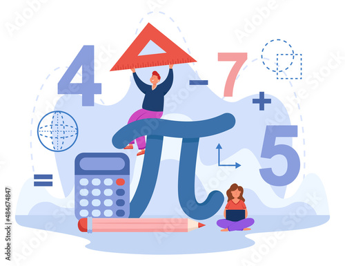 Tiny students with huge sign pi flat vector illustration. Boy and girl studying math and algebra at school or college, holding ruler, using laptop. Geometric figures in background. Education concept