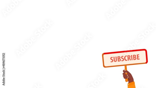 Hand of an African American shows flashing sign. Person raises poster with call to subscribe. Animation for a blogger, promotion of his channel. Click the subscribe button. 4K video, cartoon style