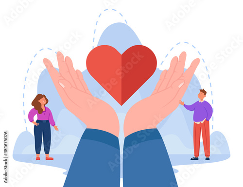 Tiny people and huge hands holding heart. Man and woman giving or receiving abstract support, hope, assistance, helping, donating flat vector illustration. Friendship, love, charity concept