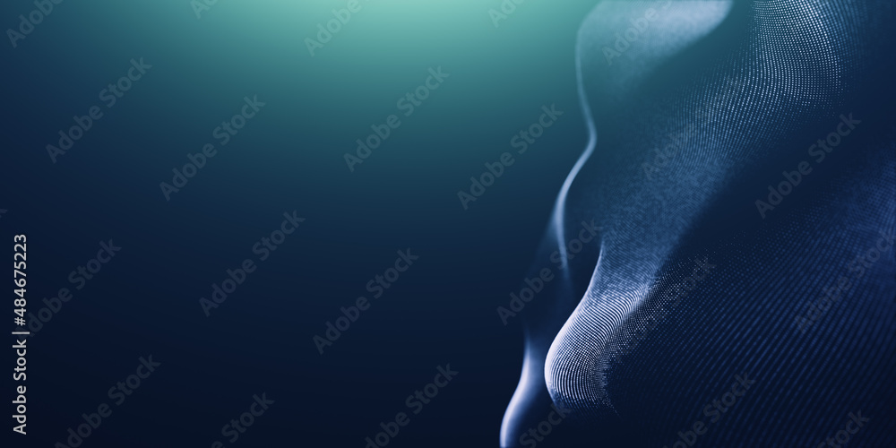 Fototapeta premium Blue particles wave background. Abstract dynamic mesh. Big data technology. line wave light glowing effect particular background.