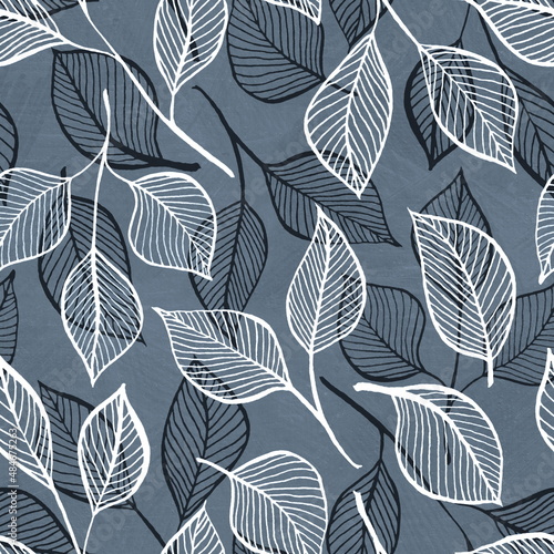 Botanical seamless pattern with hand drawn floral elements. Transparent black and white leaves on a grey background. For textile and wallpaper design.