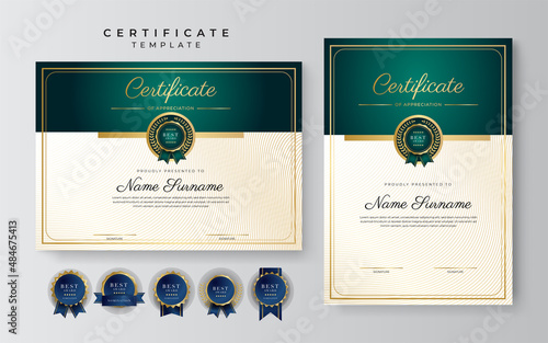 Modern dark green and gold business certificate design template in professional style with gold badge and border frame pattern. Vector illustration