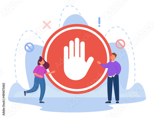 Tiny people standing near stop sign flat vector illustration. Huge red sign with hand symbolizing ban on entry, danger warning, caution, prohibited actions. Alert, risk, gesture concept