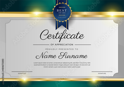 Modern dark green and gold business certificate design template in professional style with gold badge and border frame pattern. Vector illustration