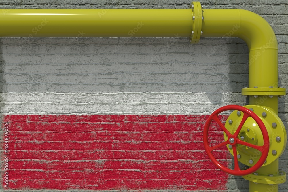 Flag of Poland and industrial pipe with valve. 3d rendering