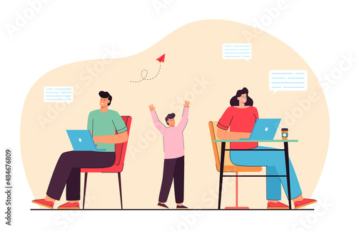 Kid requiring attention from working parents. People chatting via social networks neglecting real communication flat vector illustration. Addiction, social media concept for banner, website design