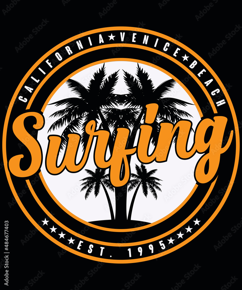 T-shirt design: Surfing Venice beach California typography vector t-shirt design. Vector typography t-shirt design in black background.