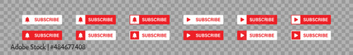 Subscribe red button. Set flat video and bell icon. Social media vector isolated