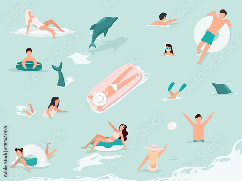 Sea swimming. Active people diving, swim with dolphins and surfing. Men and women swimming, diving, surfing, lying on floating air mattress and sunbathing, playing with ball.