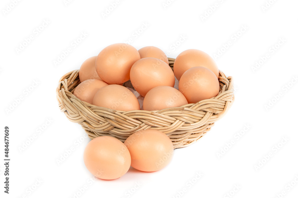 chicken egg in the wood bucket isolated on white background chicken egg in the wood bucket isolated on white background