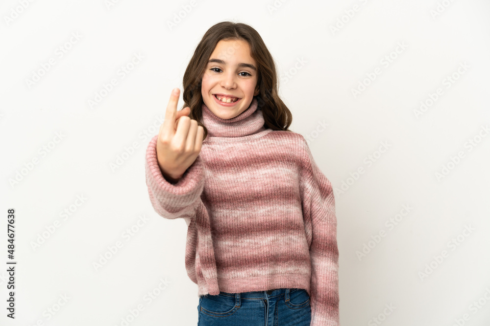 Little caucasian girl isolated on white background doing coming gesture Little caucasian girl isolated on white background doing coming gesture