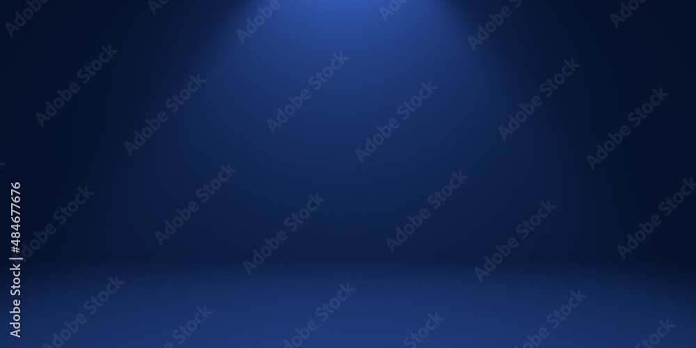 Blue empty background with studio spotlight on top in the form of a cone with darkened edges. 3d render