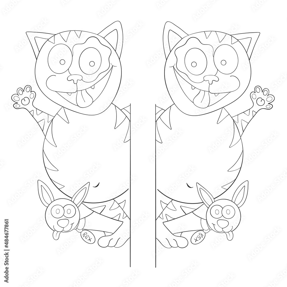 Cat and dog. Friends. Greetings. Line style isolated on white background. Vector illustration