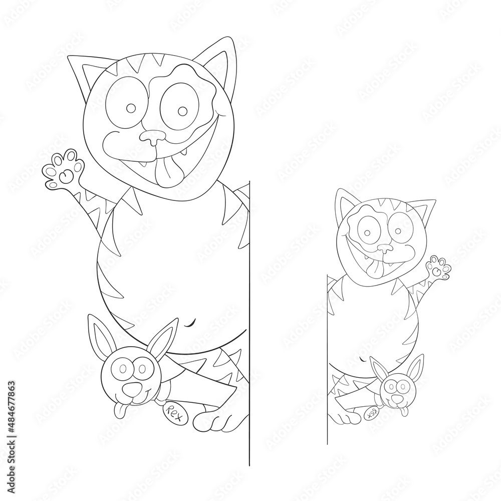 Obraz premium Cat and dog. Friends. Greetings. Line style isolated on white background. Vector illustration