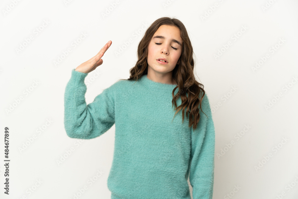 Little caucasian girl isolated on white background with tired and sick expression Little caucasian girl isolated on white background with tired and sick expression
