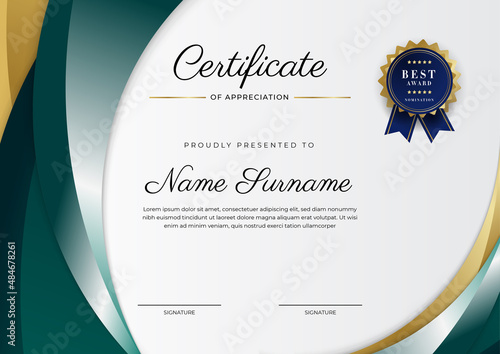 Modern dark green and gold business certificate design template in professional style with gold badge and border frame pattern. Vector illustration