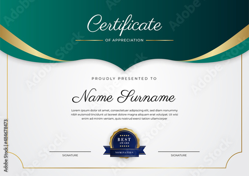 Modern dark green and gold business certificate design template in professional style with gold badge and border frame pattern. Vector illustration