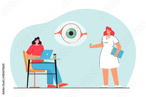 Doctor giving eye drops to woman flat vector illustration. Girl having broken blood vessels in eyes after using laptop. Eyesight, health concept for banner, website design or landing web page