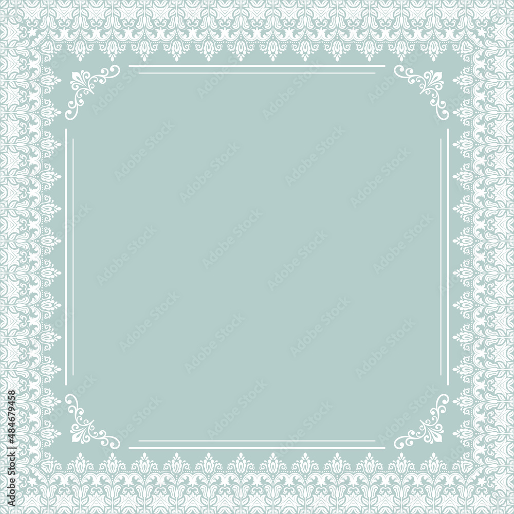Classic square frame with arabesques and orient elements. Abstract light blue and white ornament with place for text. Vintage pattern