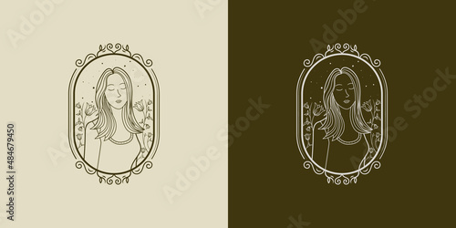 Feminine line art woman logo design. Feminine logo concept with floral and woman element. Beauty hand drawn logo design