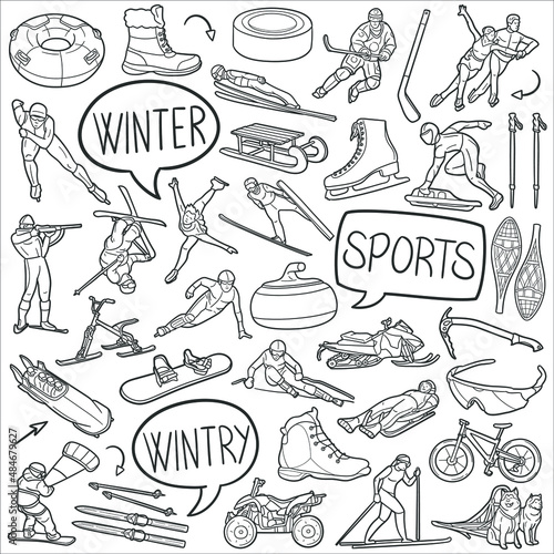 Winter Sports Doodle Icons. Hand Made Line Art. Snow Activity Clipart Logotype Symbol Design.