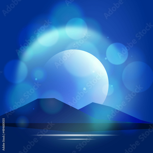 Blue island in the night with bokeh light and moon shining