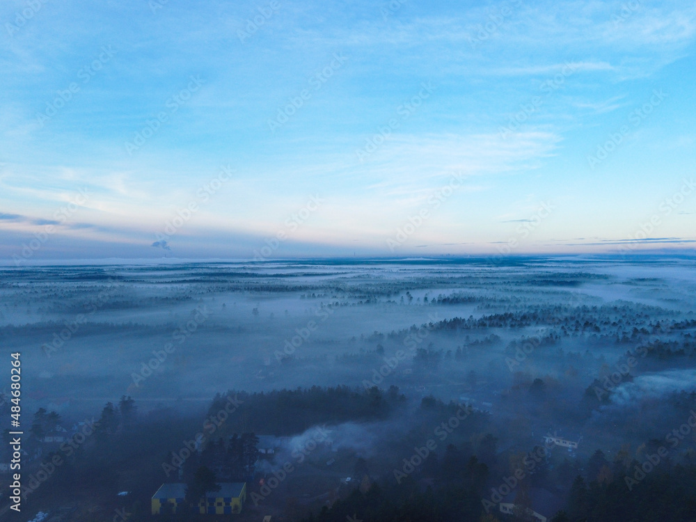 Sky morning forest in fog drone pictures