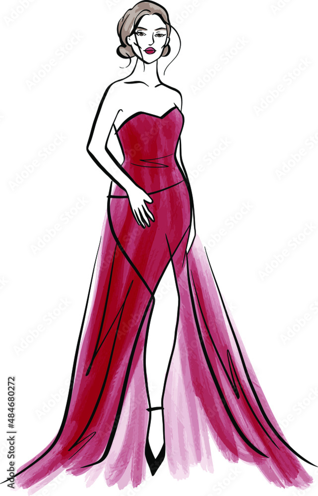 Woman in a red Fashion illustration. Hand drawn vector Stock Vector | Adobe Stock