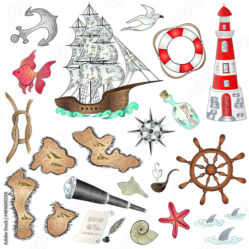 Marine nautical doodle set collection elements isolated on white background. Cartoon style vector illustration.