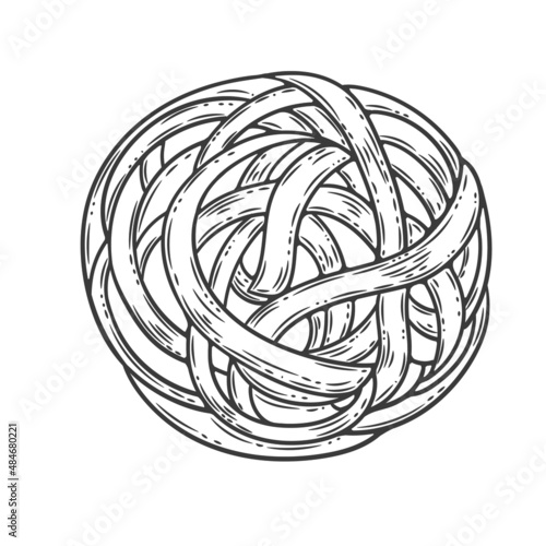 fettuccine pasta sketch. Doodle outline black and white vintage style macaroni illustration. Hand drawn isolated on white background.