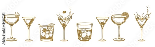 Print op canvas Cocktails alcoholic daiquiri, old fashioned, manhattan, martini, sidecar glass h