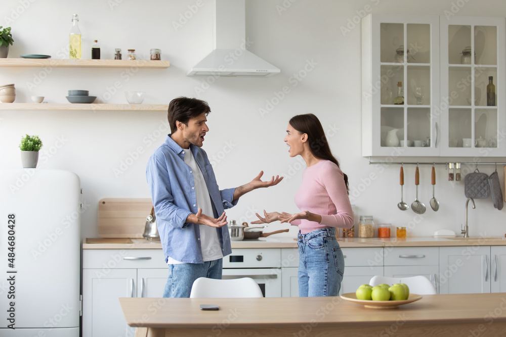 Angry depressed frustrated millennial european woman swears at her upset husband at kitchen interior Angry depressed frustrated millennial european woman swears at her upset husband at kitchen interior