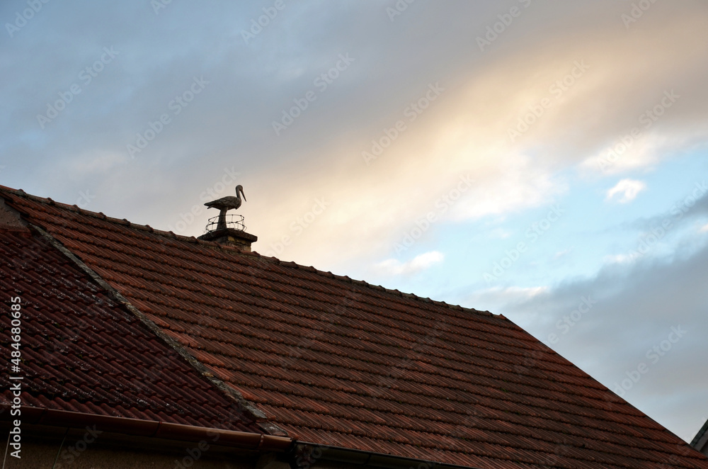 on the chimney above the roof of burnt tiles is a concrete casting stork with a large beak. model bird delights children walking around the house. ornithologists draw their binoculars and look down