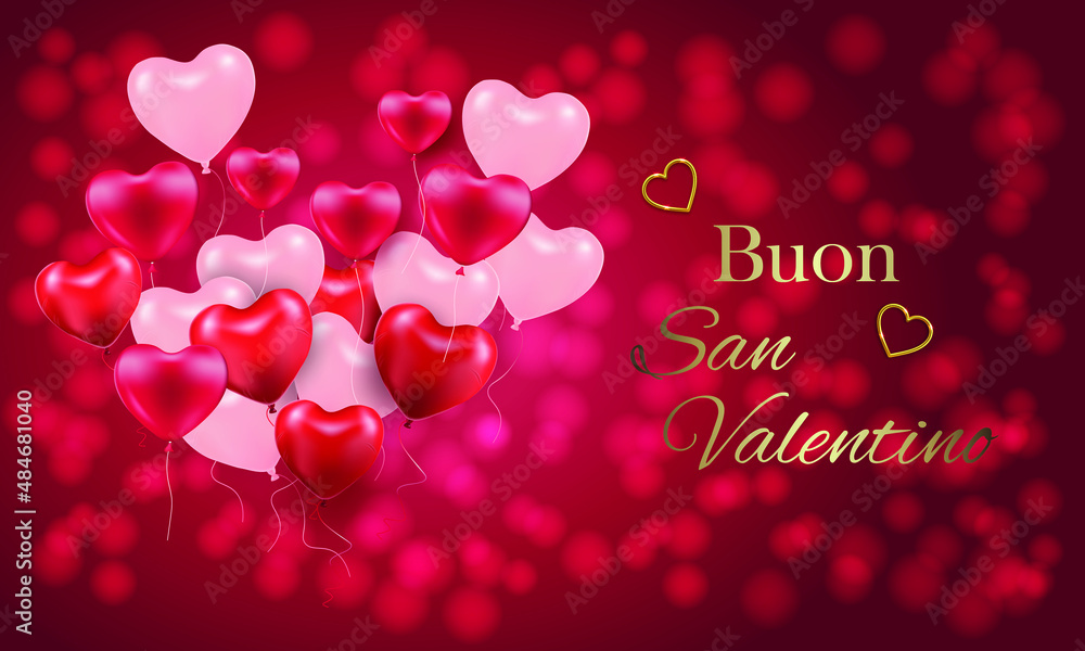 biglietto o striscione per un felice San Valentino in oro, con cuori in rosa e rosso su sfondo rosso sfumato con cerchi in effetto bokeh