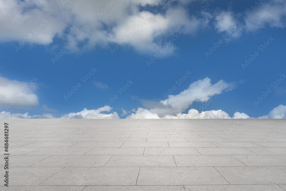 Floor tiles and natural scenery of blue sky and white clouds