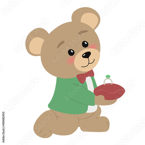 Cute teddy bear stands on knee and makes a marriage proposal with a ring in hands. Flat vector illustration
