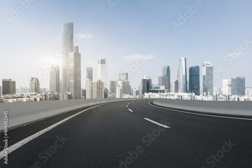 Freeway skyline and financial district modern buildings