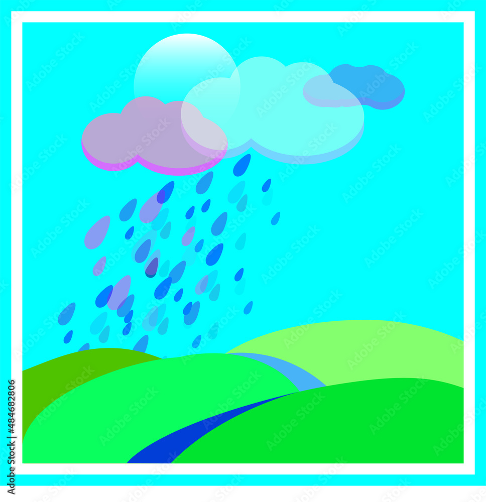 Sammer nature sky and rain on meadow and fields river flat style and blue green yellow 