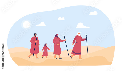 Prophet Moses leading people through desert in ancient Egypt. Character from Bible walking with Christian persons flat vector illustration. Religion, Judaism concept for banner or landing web page