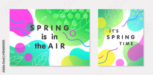 Set of spring banners with green gradient backgrounds;linear leaves;bright fluid shapes and geometric elements in memphis style.Abstract layouts for prints;flyers,invitations;covers,social media.