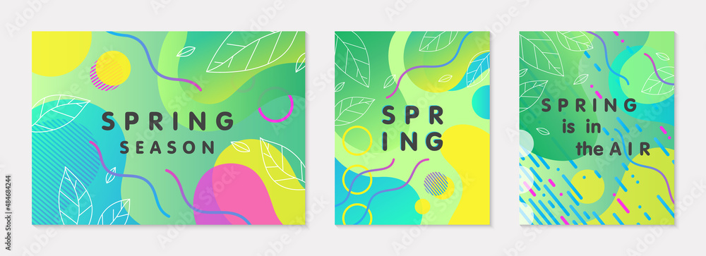 Set of spring banners with green gradient backgrounds;linear leaves;bright fluid shapes and geometric elements in memphis style.Abstract layouts for prints;flyers,invitations;covers,social media.