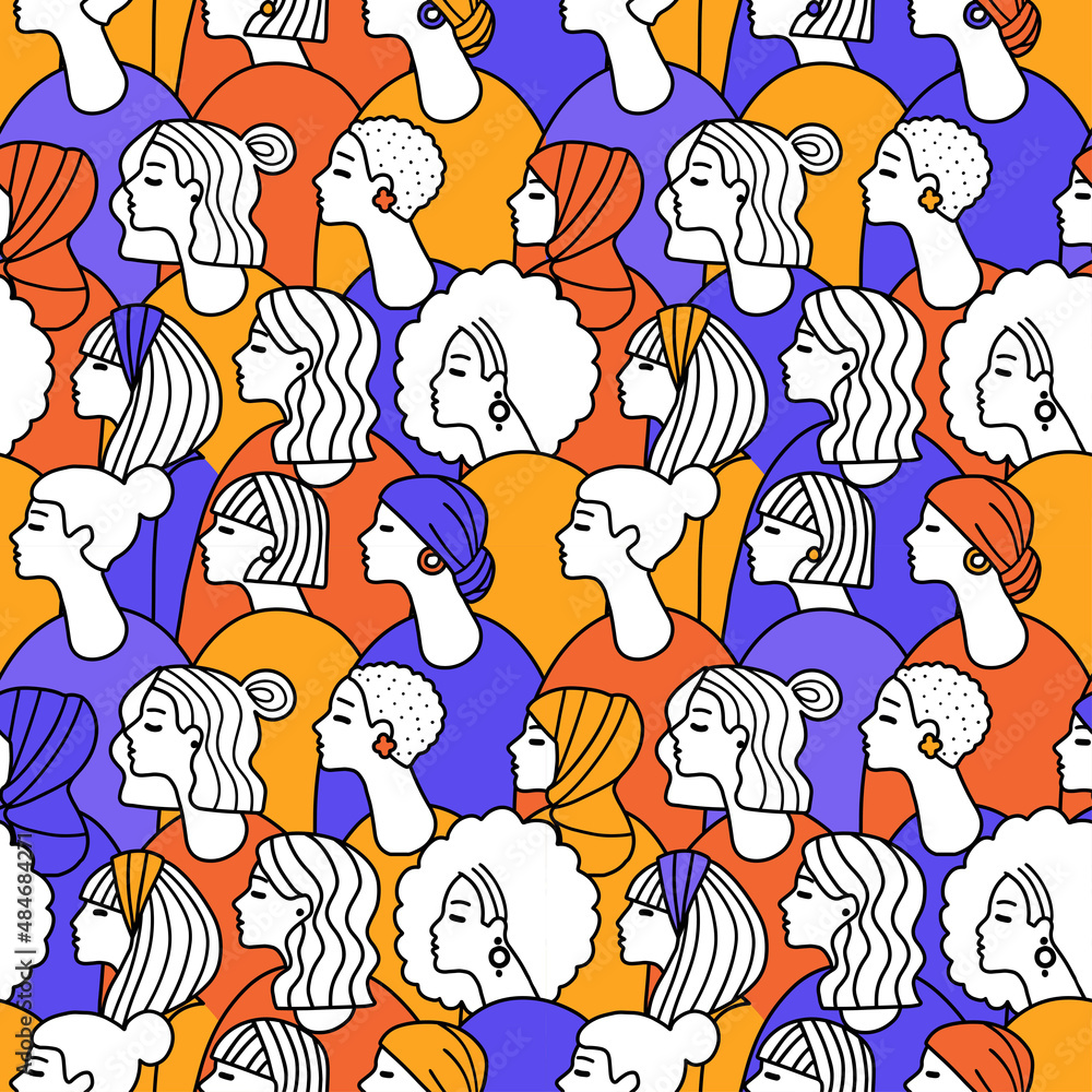 Different adult women's head seamless pattern background. Feminist International Women's, Mother's Day. Women support, girl power. Hand drawn line drawing doodle vector illustration