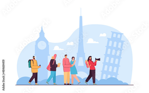 Group of happy people on tour around Europe. Photographers taking photos of famous sights in cities with cameras or phones flat vector illustration. Traveling, vacation, tourism concept for banner