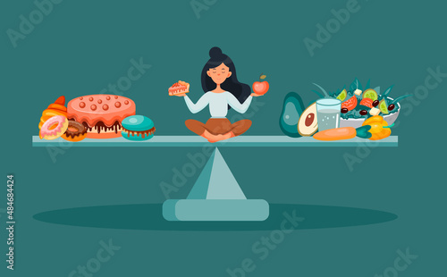 The girl balances on the scales between healthy and junk food. Healthy lifestyle concept. Healthy eating. You are what you eat. Vector illustration in cartoon style.