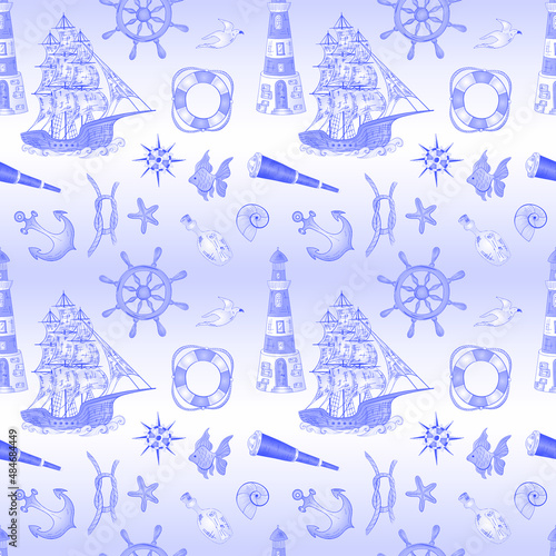 Marine nautical doodle seamless pattern. Cartoon style vector illustration.