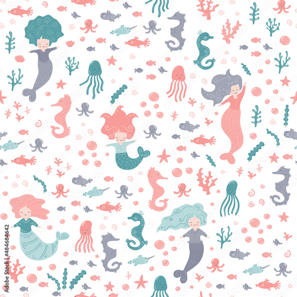 Funny little Mermaid with sea horse and shell. Seamless pattern for textile