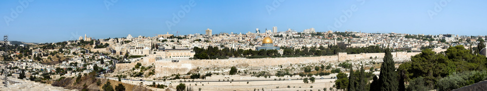 jerusalem city skyline with blue sky and the old city